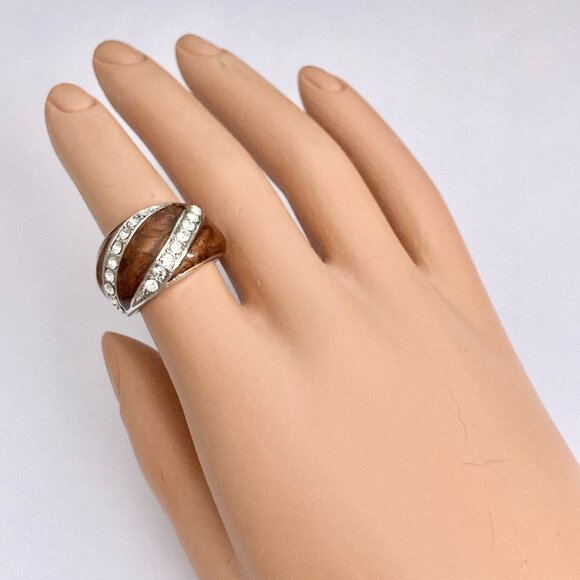 Vintage Brown Enamel Cocktail Ring Silver Plated Crystal Rhinestone Sz 7 9 Boho - Picture 2 of 8